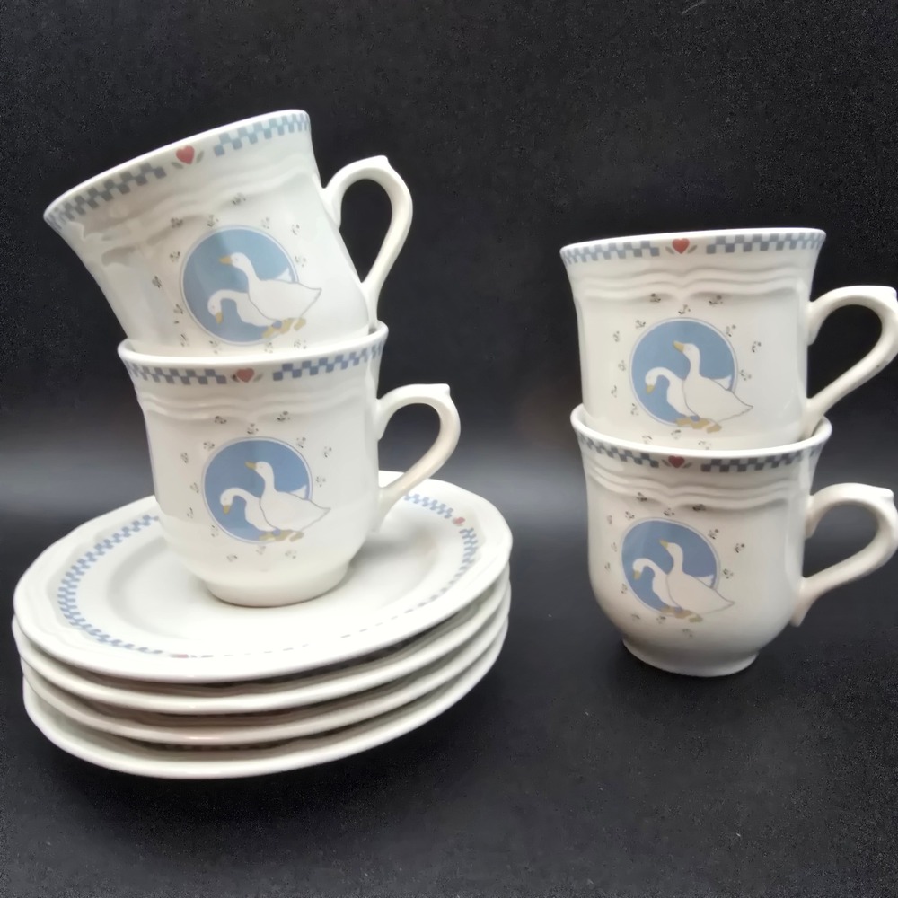 Vintage Moonlight Stoneware Goose Cup and Saucer Set of 4 Blue Checkered Heart